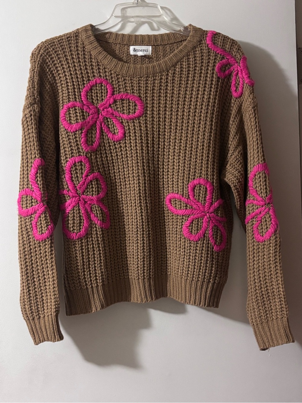 &merci Tan Crewneck Sweater with Pink Floral Appliqués